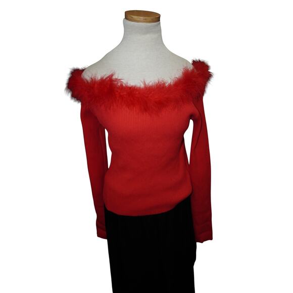 Paprika Red Feather Trim Off-Shoulder Sweater Top – Size L (Y2K Bardot) - Picture 5 of 11